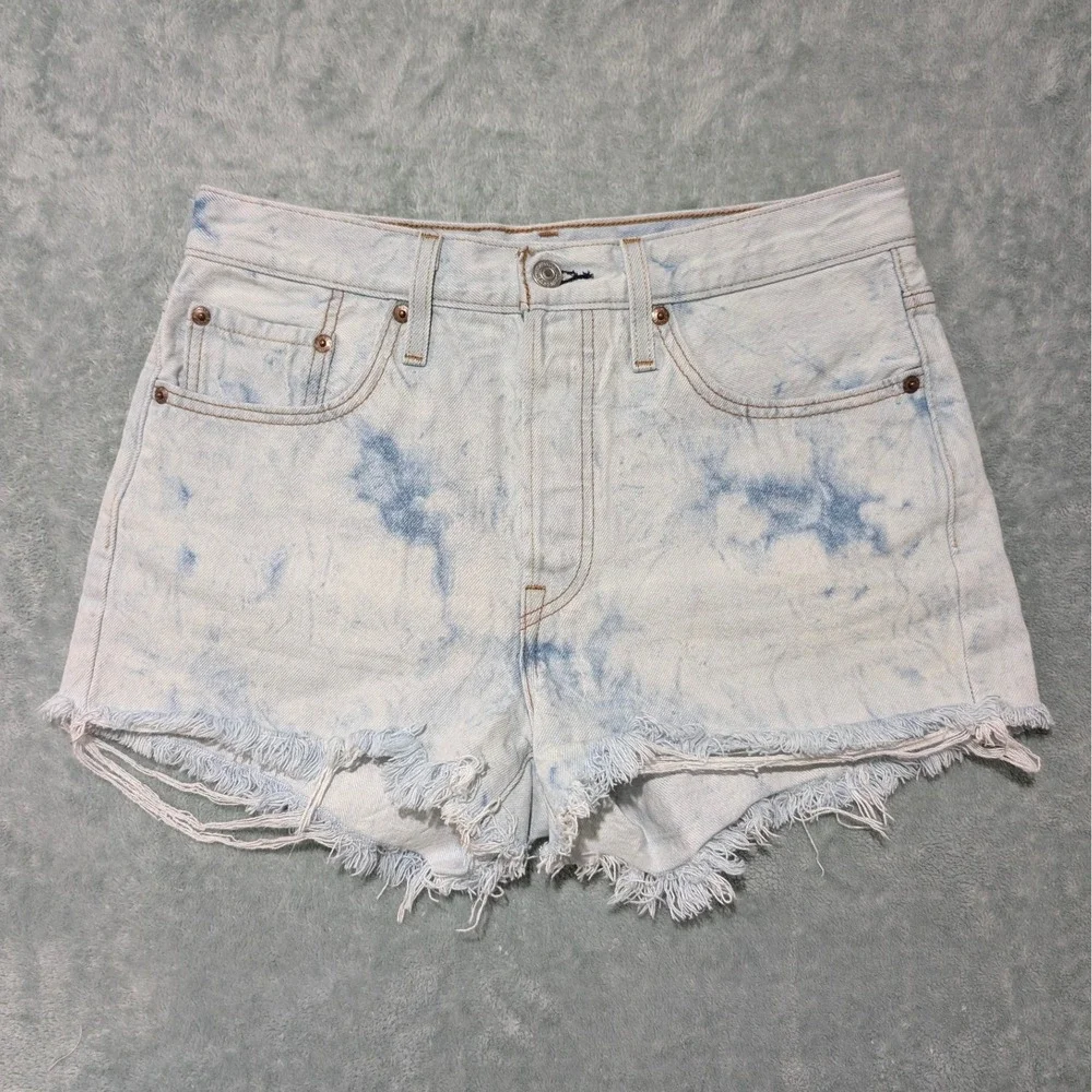 Levis 501 Original Button fly High Rise Cutoff Denim Jorts Acid Wash Blue‎ 28